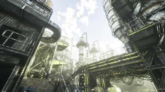 Layered walkways wind through industrial pipe system. Meandering pipe maze with layered pathways and biological growth in industrial environment