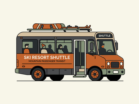Flat vector illustration of an orange and grey ski resort shuttle bus with passengers and equipment on the roof rack.
