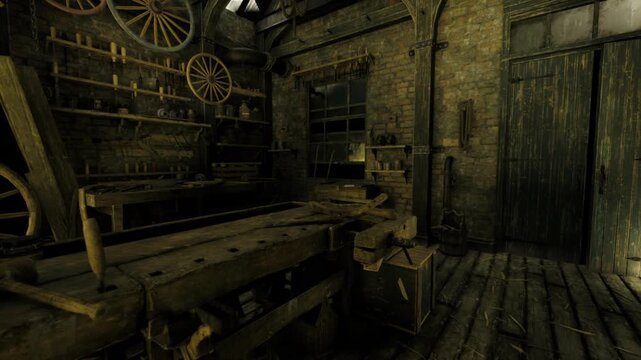 Sunlit artisan maker studio with bright workbench and wood tools. Warm golden light highlights lathe, shelves with wheels, scattered planks, sawdust textures,
