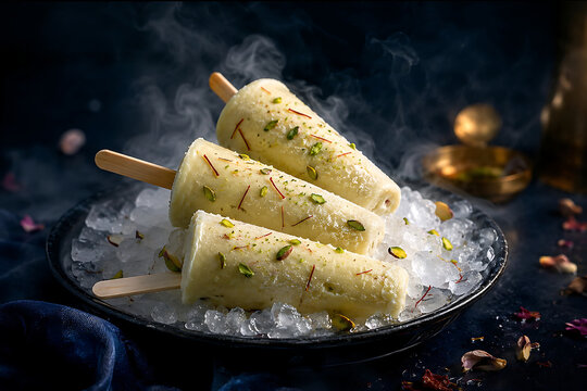 Kulfi bars displayed on crushed ice with pistachios and saffron, deep midnight background