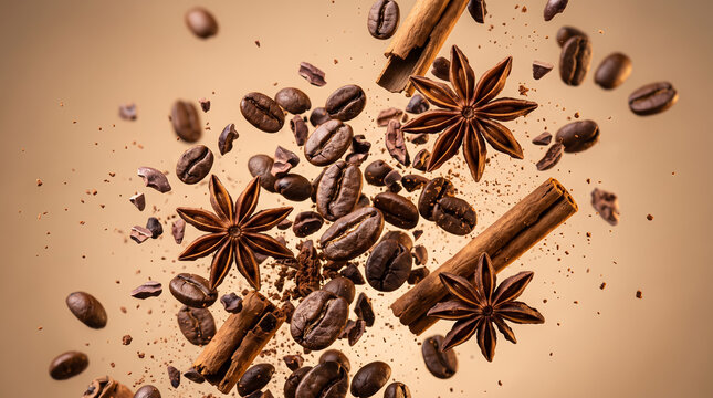 Roasted coffee beans cinnamon sticks star anise and chocolate pieces flying in the air. Dynamic explosion of aromatic spices and coffee. Natural ingredients for a healthy morning drink.