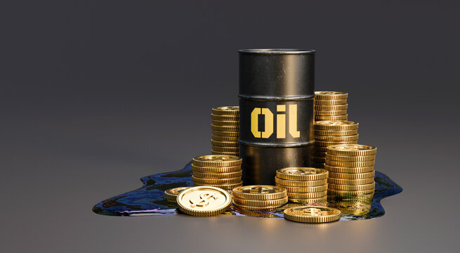 Oil and wealth concept showing an oil barrel surrounded by gold coins and crude oil, symbolizing energy markets and financial value. Designed for oil, gold, finance, trading and investment businesses.