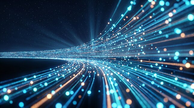 Glowing blue data highway curving left under starry night sky with radiant lines with communication information technology connection futuristic internet transfer network