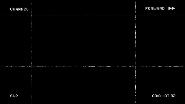 Retro VHS glitch background with analog distortion and film grain effects featuring a black screen with white grid lines and vintage on screen display text and timecode counter