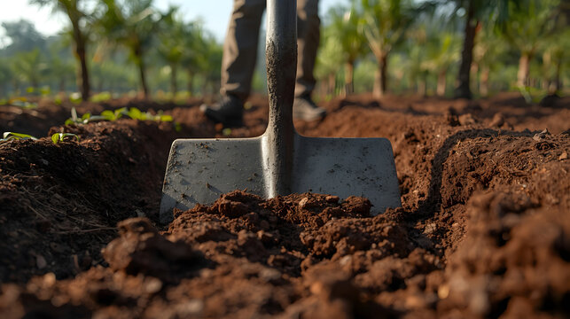 A close-up shot of a shovel digging into rich, dark soil in a field with young plants.