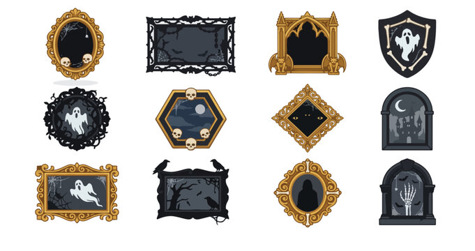 Spooky Picture Frame Icon Set &ndash; Floating Gothic Gold & Black Frames with Ethereal Halloween Designs