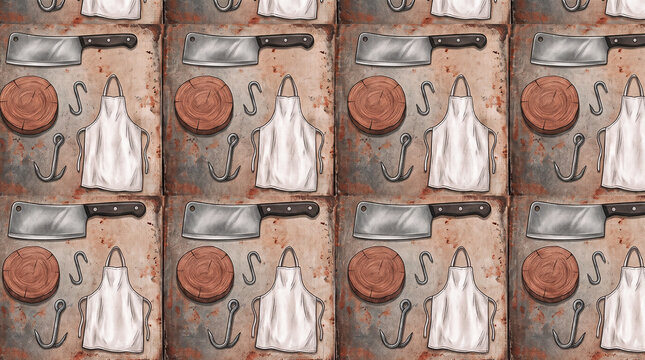 a repeating arrangement of butchery shop tools featuring heavy steel cleavers wooden carving blocks metal meat hooks and white fabric aprons for a meat cutter