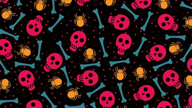 A 4K seamless looping Halloween motion graphic featuring a vibrant scattered toss pattern of pink skulls, yellow spiders, light blue bones, and dots on a dark black background.
