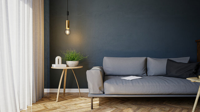 A stylish modern living room interior design featuring a comfortable grey fabric sofa, a hanging brass pendant light, a side table with houseplant, and a dark wall with copy space. High-quality 3D ren