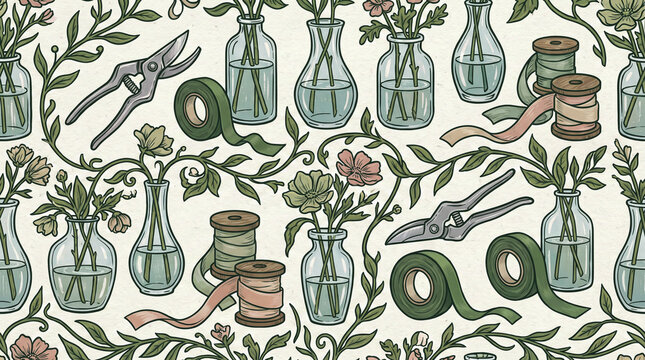 a continuous graphic of floral design elements showing sharp metal shears green floral tape glass water vases and soft ribbon spools for a professional florist