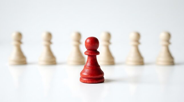 A single red chess pawn standing out in front of a row of blurred white chess pieces isolated