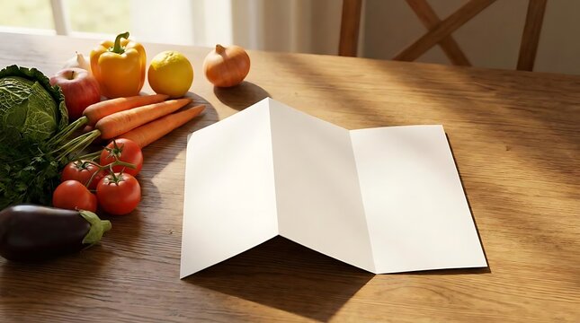 Nutrition factsheet design template featuring a blank trifold brochure placed on a wooden table beside a variety of fresh organic vegetables and produce