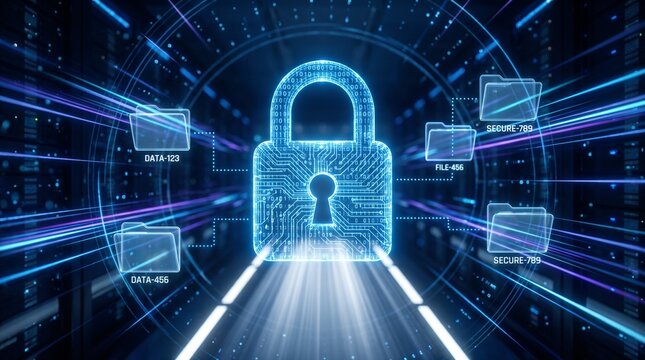 Glowing padlock secures data tunnel with folders with surrounded labeled folders blue padlock binary binary code protection encryption technology futuristic security with database
