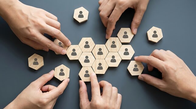 Hands connecting wooden hexagonal pieces with human icons representing team building and corporate human resources management and networking
