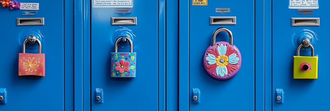 Colorful combination locks adorn bright blue school lockers in a hallway representing student individuality and security