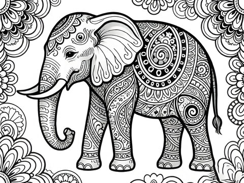 Elephant zentangle coloring page filled with paisley ornaments, floral motifs, mandalas, and geometric decorations