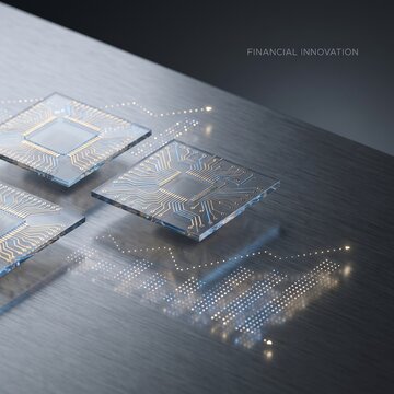 Processor chips hover over a textured surface with glowing digital lines representing financial growth.
