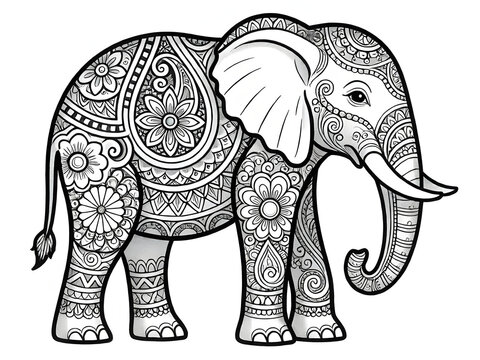 Elephant zentangle coloring page filled with paisley ornaments, floral motifs, mandalas, and geometric decorations