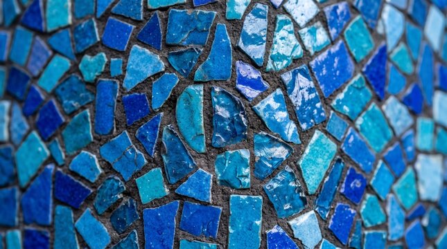 Blue mosaic tile texture, ceramic glass fragments background, artistic turquoise mediterranean wall pattern for interior design
