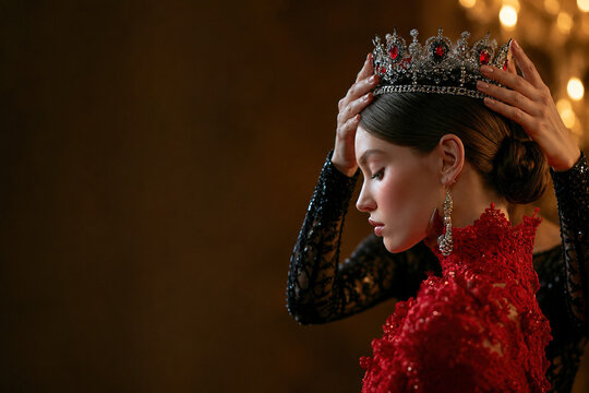 Coronation of a queen in an elegant royal ceremony, woman in a red dress and jeweled crown, symbol of power, nobility, beauty, luxury, tradition and majestic female leadership.