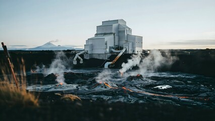 Fototapeta premium Industrial manufacturing plant emitting smoke and molten material in outdoor setting