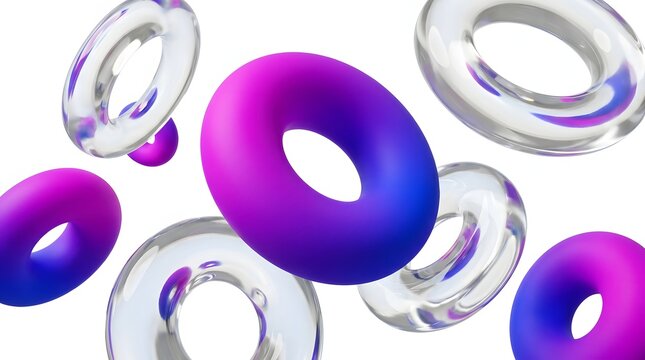 Transparent torus shapes with purple and blue gradient fill abstract background.