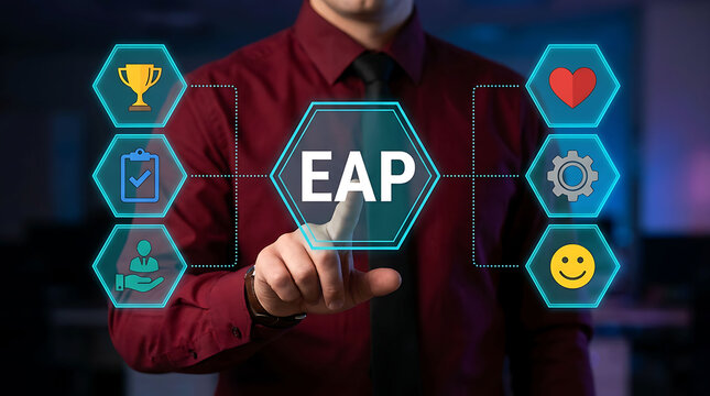 Businessman pressing employee assistance program EAP interactive virtual display