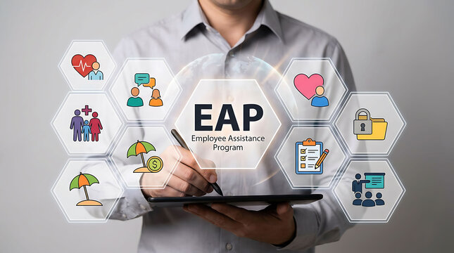 Businessman holding stylus with employee assistance program EAP interface