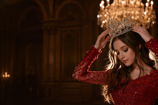 Coronation of a queen in an elegant royal ceremony, woman in a red dress and jeweled crown, symbol of power, nobility, beauty, luxury, tradition and majestic female leadership.