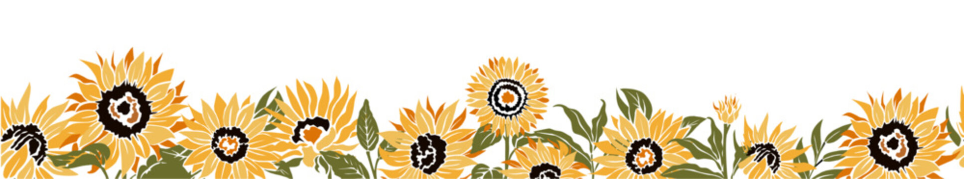 Bright sunflowers bloom in cheerful rows. Golden petals face upward, capturing sunlight. Green leaves add natural contrast against white background. Simple, joyful design evokes warmth and brightness