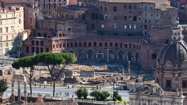 Aerial View of Trajan's Market and Santa Maria di Loreto Church in Rome, Italy