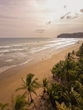 Aerial view of San Miguel beach with palm trees along the sandy shore, gentle ocean waves, and two people walking on the sand in San Miguel, Provincia de Guanacaste, Costa Rica.