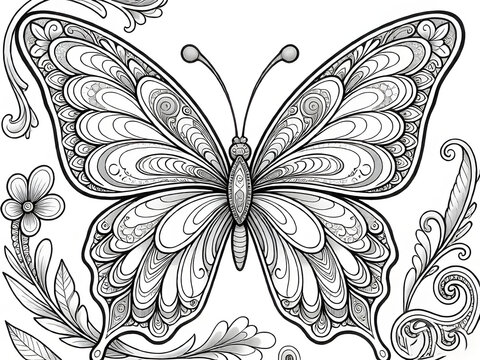 Butterfly wing zentangle coloring page with intricate feathers, floral motifs, paisley details, and decorative geometric patterns
