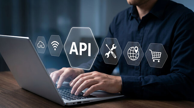 Developer typing on laptop with API application programming interface virtual network display