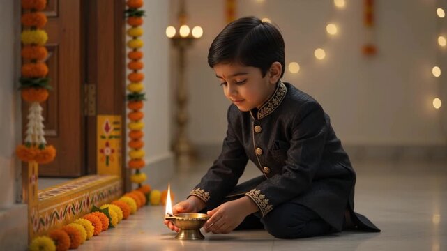 Cute Little Indian Boy in Traditional Ethnic Dress Placing Brass Diya Lamp Near Entrance Door for Diwali