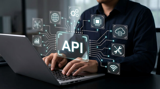 Developer typing on laptop with API application programming interface circuit board hologram