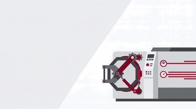 automated manufacturing machine mechanical clamp testing device and digital control panel in a flat design illustration featuring a large left copy space for industrial mechatronics presentations