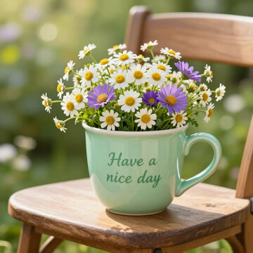 Have a Nice Day - light green mug filled with white daisies and purple flowers placed on a wooden chair outdoors, soft sunlight and blurred greenery.