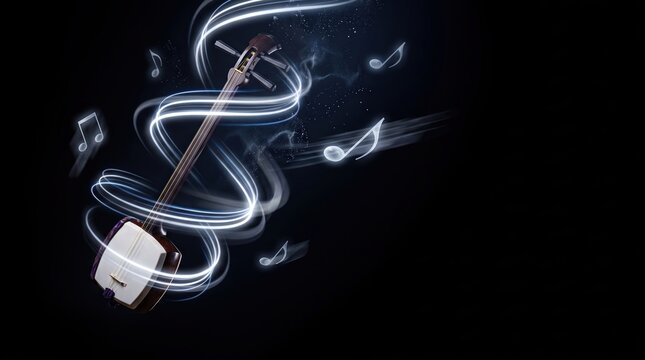 Traditional Japanese shamisen with spiraling glowing light trails and copy space on dark background