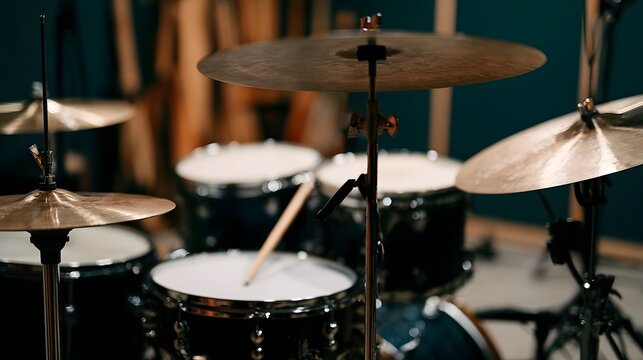 Close up of a drum set with cymbals and drums arranged for musical performance in an indoor studio setting