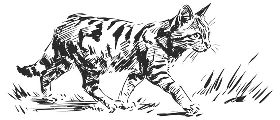 Naklejka premium Black and white sketch of a tabby cat walking outdoors in grass