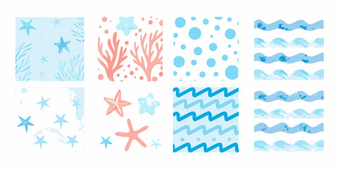 Sea themed watercolor patterns featuring coral starfish bubbles and waves on a white background aquatic marine oceanic underwater life reef star foam water