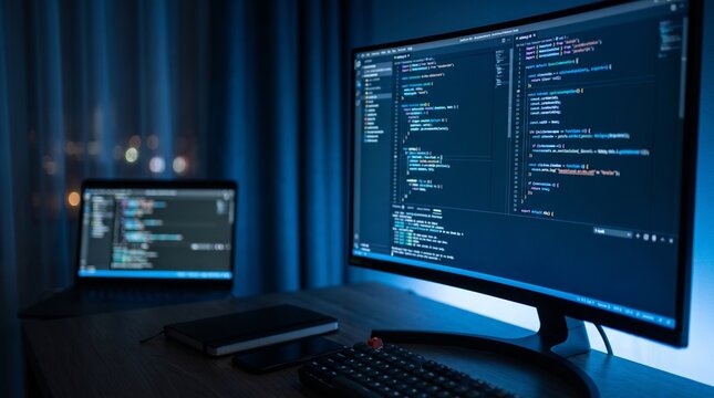 Programmer's workspace with dual monitors with displaying coding interfaces computer screens displaying interfaces dark room room blue lighting workspace two programming with development