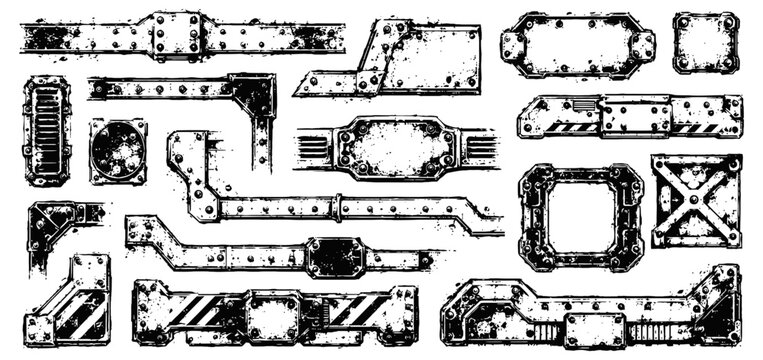 grunge metal plates and pipes set with bolts, rust textures, and industrial design elements