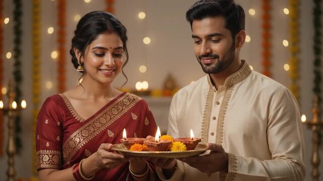 Happy Young Indian Couple Holding Plate of Lit Diya Lamps and Flowers in Traditional Ethnic Wear for Diwali