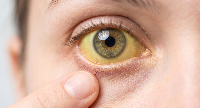 Extreme close up of a human eye with yellow sclera showing symptoms of jaundice, liver cirrhosis, or hepatitis.