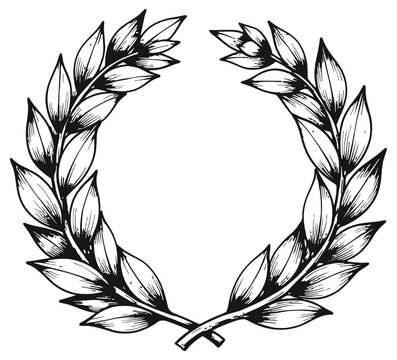 Elegant hand drawn laurel wreath with detailed leaves, vintage botanical frame design