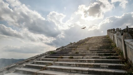 Fototapeta premium Steep marble staircase ascending along a mountainside with cloudy sky and flying bird