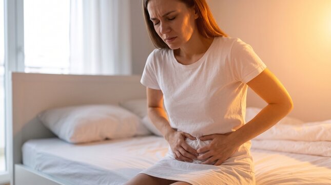 Sick woman  pressing hands to her belly, suffering from severe abdominal pain, chlamydia infection, or pelvic inflammatory disease.