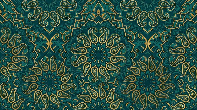 Intricate mandala and paisley pattern in teal and gold